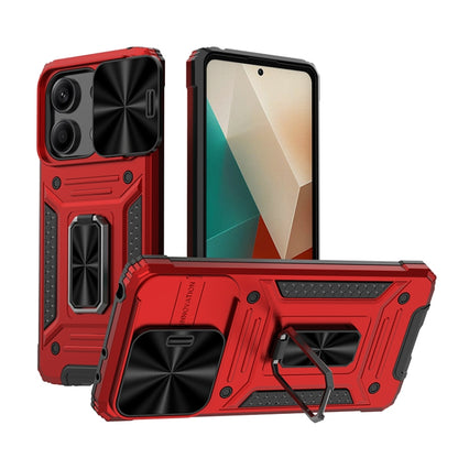 Rugged hybrid phone case with kickstand, red and black shell, raised camera protection