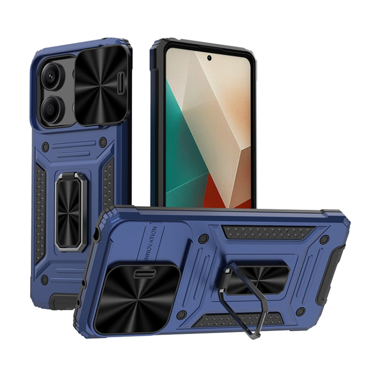 Rugged hybrid phone case with kickstand, blue and black shell, raised camera protection