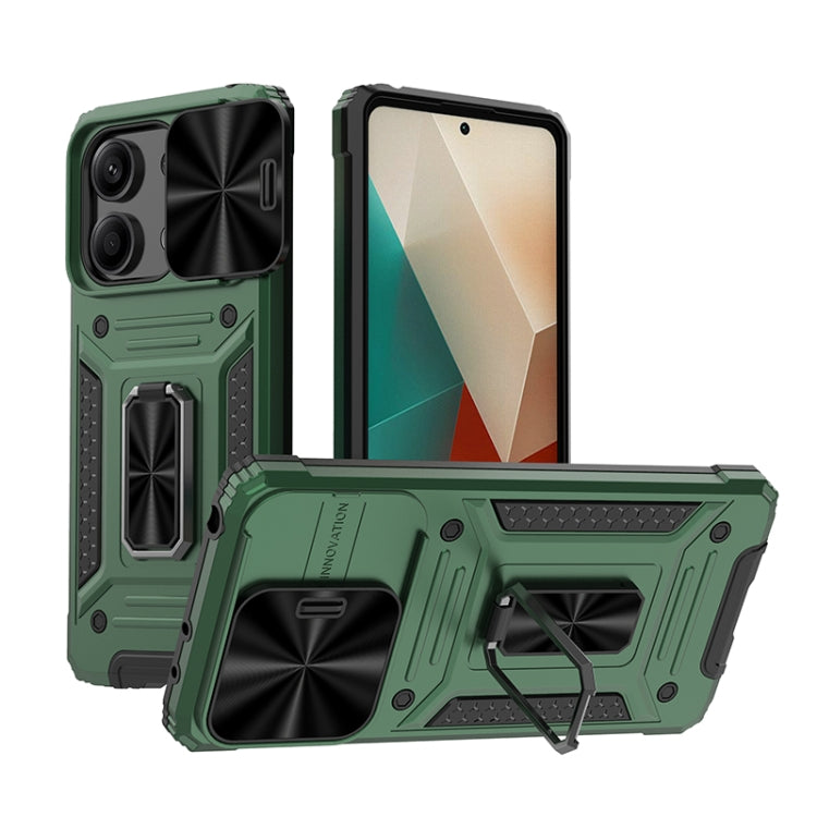 Rugged hybrid phone case with kickstand, green and black shell, raised camera protection