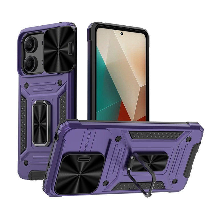Rugged hybrid phone case with kickstand, purple and black shell, side access cutouts