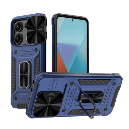 Armored hybrid phone case with kickstand, blue back and black camera cover