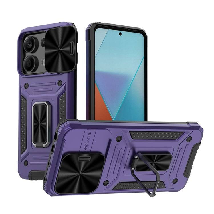 Armored hybrid phone case with kickstand, purple back and black camera cover