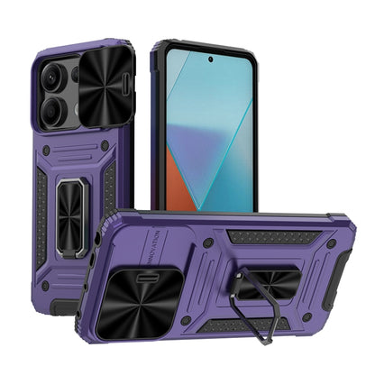 Armored hybrid phone case with kickstand, purple back and black camera cover