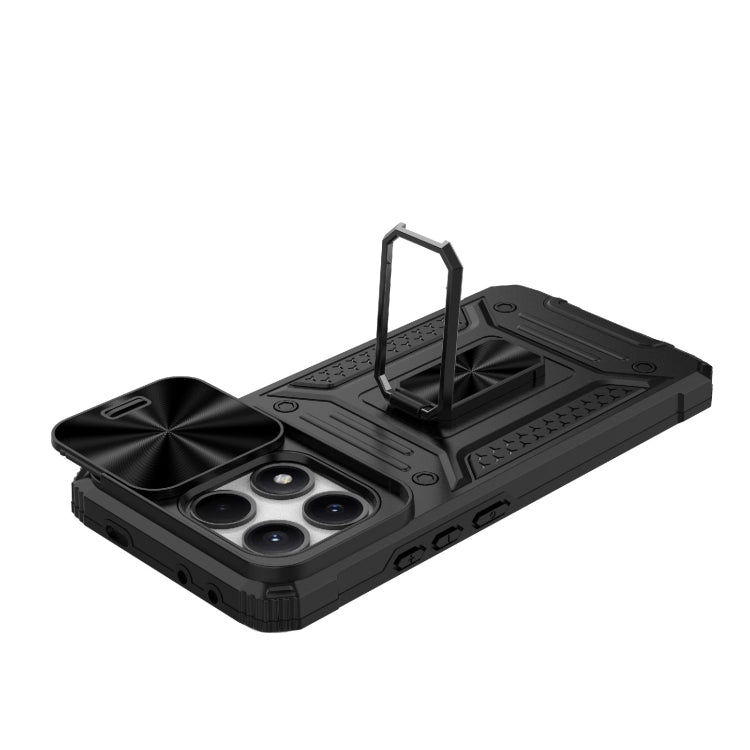 Black hybrid phone case with built-in stand, textured edges, and camera lenses protected