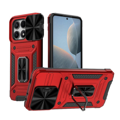 Red robot hybrid phone case with black TPU accents, kickstand, and camera cutouts