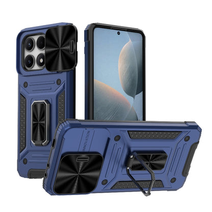 Blue robot hybrid phone case with TPU bumper and kickstand, raised camera protection