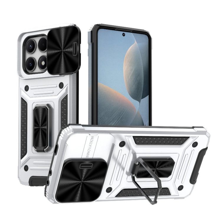 Rugged hybrid phone case with kickstand, black and white shell, raised camera protection