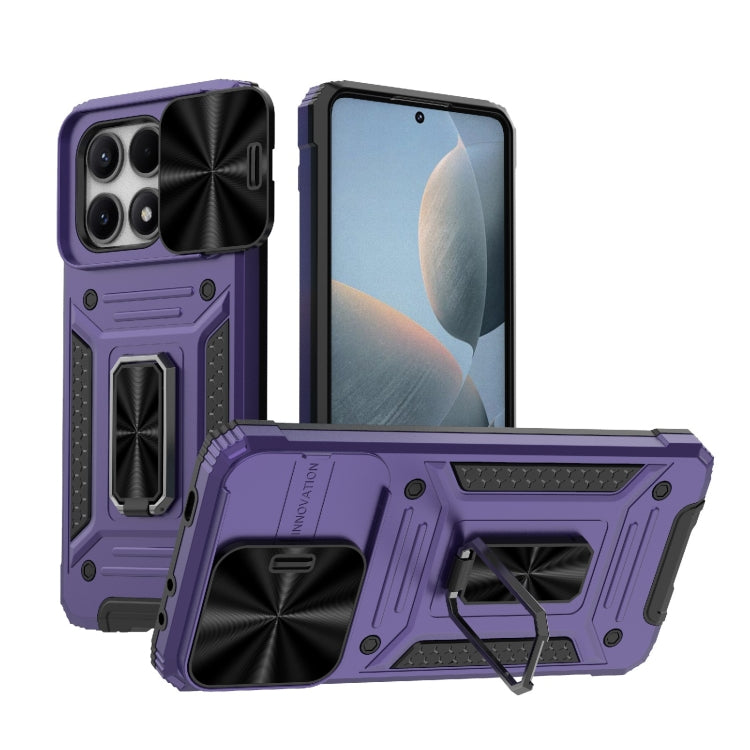 Rugged hybrid phone case with kickstand, purple and black shell, raised camera protection
