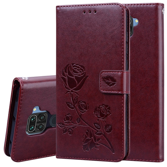 Maroon PU leather flip phone case with rose embossing, card holder flap, and stitching edges
