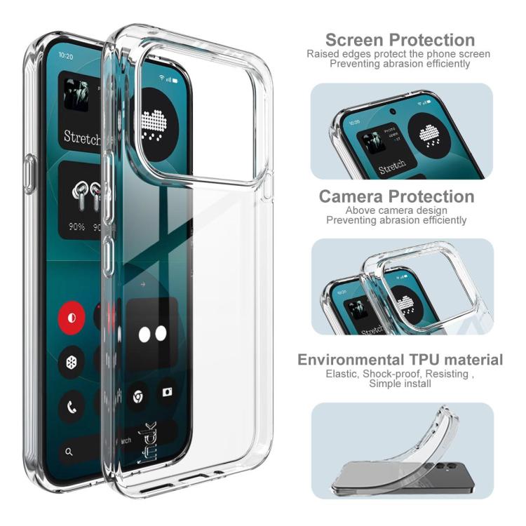 Clear transparent TPU phone case with screen and camera protection, showing full front coverage