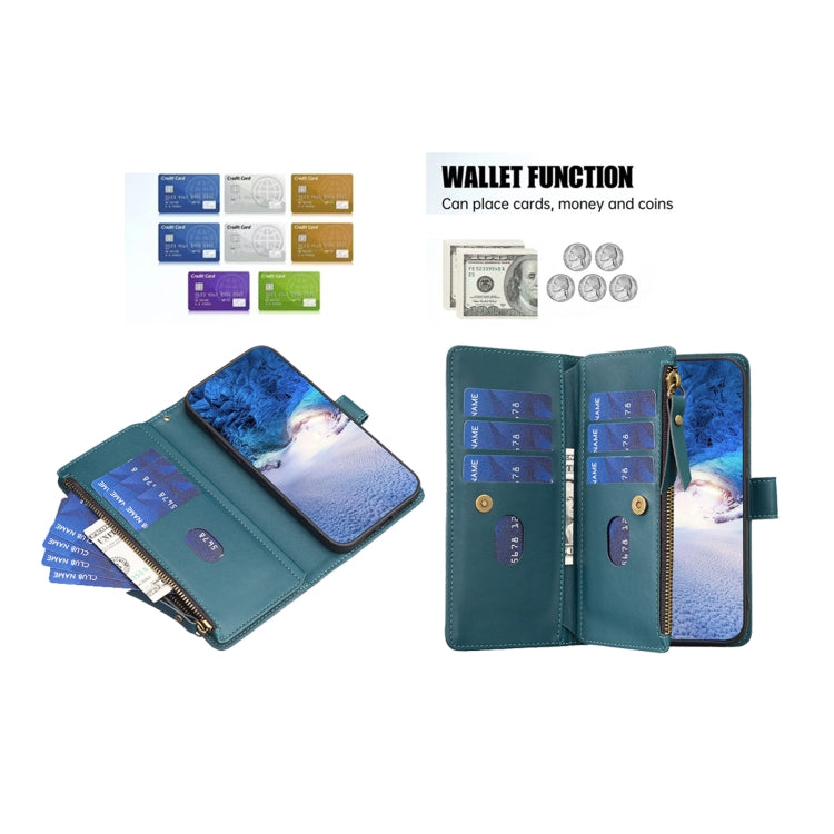 Zipper wallet phone case with card slots, teal blue, zip compartment