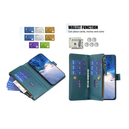 Zipper wallet phone case with card slots, teal blue, zip compartment