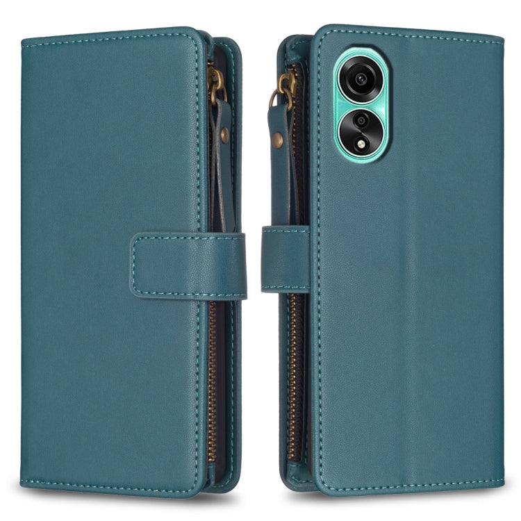 Teal zipper flip wallet case with card slots, magnetic strap, camera cutout