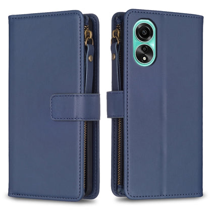 Blue zipper flip wallet case with card slots, magnetic strap, camera cutout