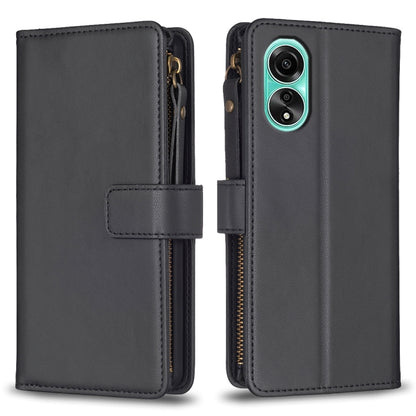 Black zipper flip wallet case with card slots, magnetic strap, camera cutout