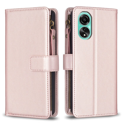 Rose gold zipper flip wallet case with card slots, magnetic strap, camera cutout