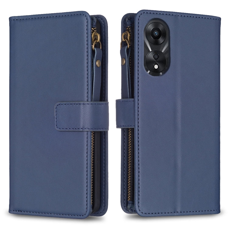 Blue zipper flip wallet case shown open and closed with card slots, camera cutout