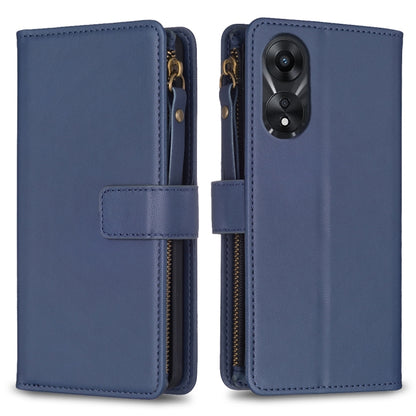 Blue zipper flip wallet case shown open and closed with card slots, camera cutout