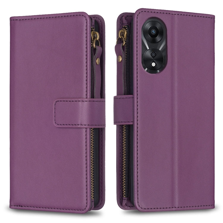 Purple zipper flip wallet case shown open and closed with card slots, camera cutout