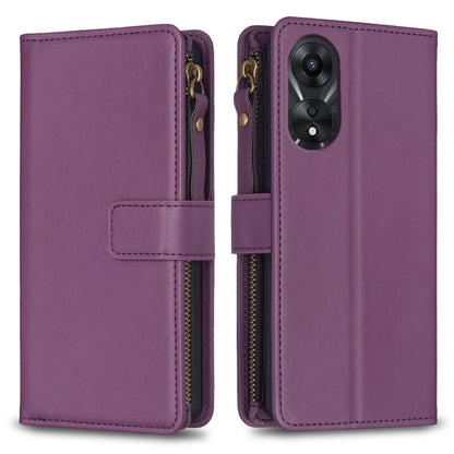 Purple zipper flip wallet case shown open and closed with card slots, camera cutout
