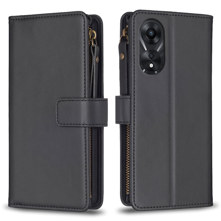 Black zipper flip wallet case shown open and closed with card slots, camera cutout
