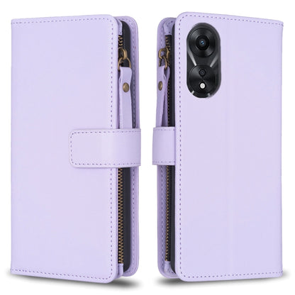 Lavender leather flip phone wallet with zipper closure, wrist strap, and card slots