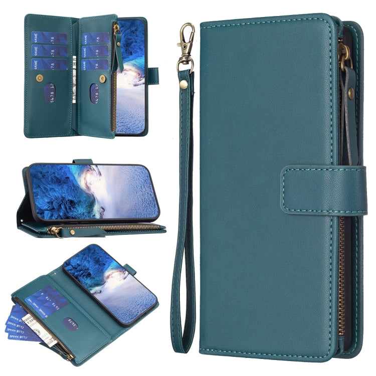 Teal leather flip phone wallet with zipper closure, wrist strap, and card slots