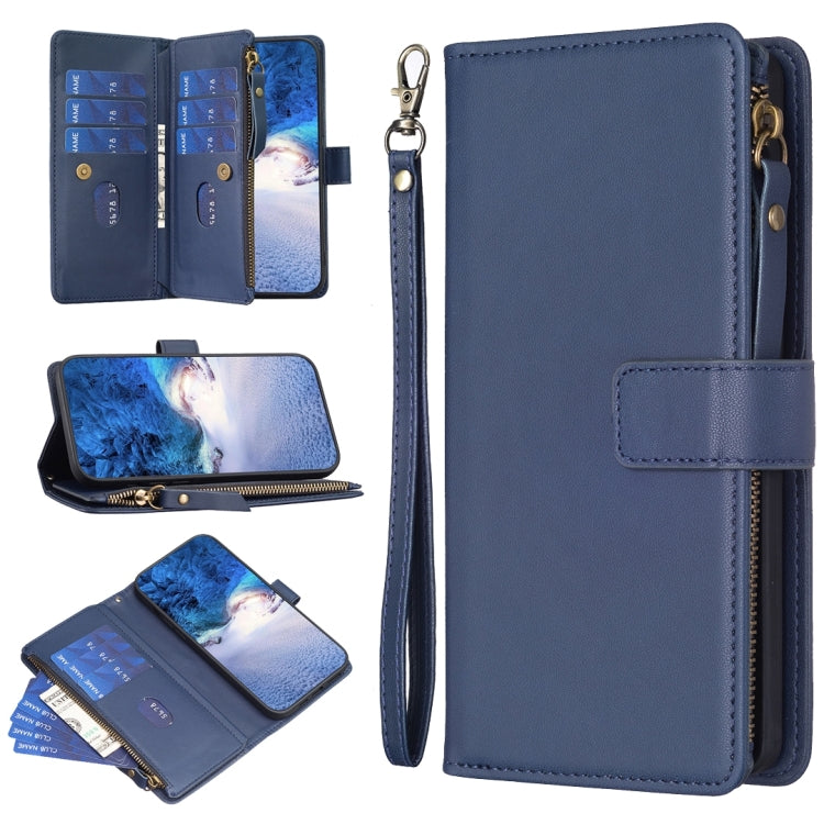 Navy blue leather flip phone wallet with zipper closure, wrist strap, and card slots