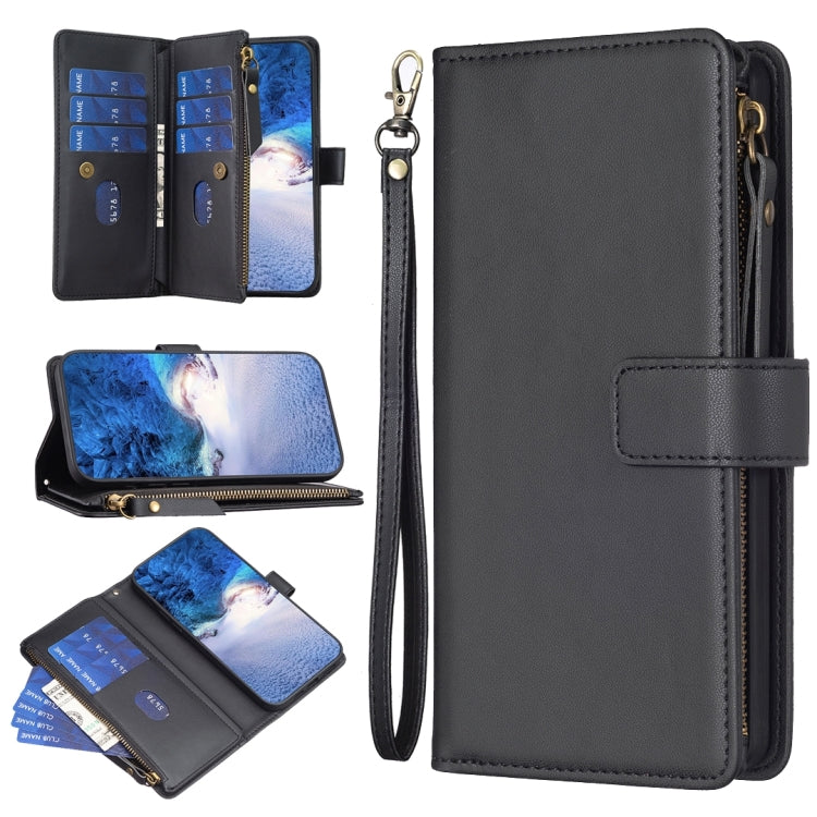 Black leather flip phone wallet with zipper closure, wrist strap, and card slots