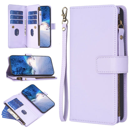 Light purple leather flip phone wallet with zipper closure, wrist strap, and card slots