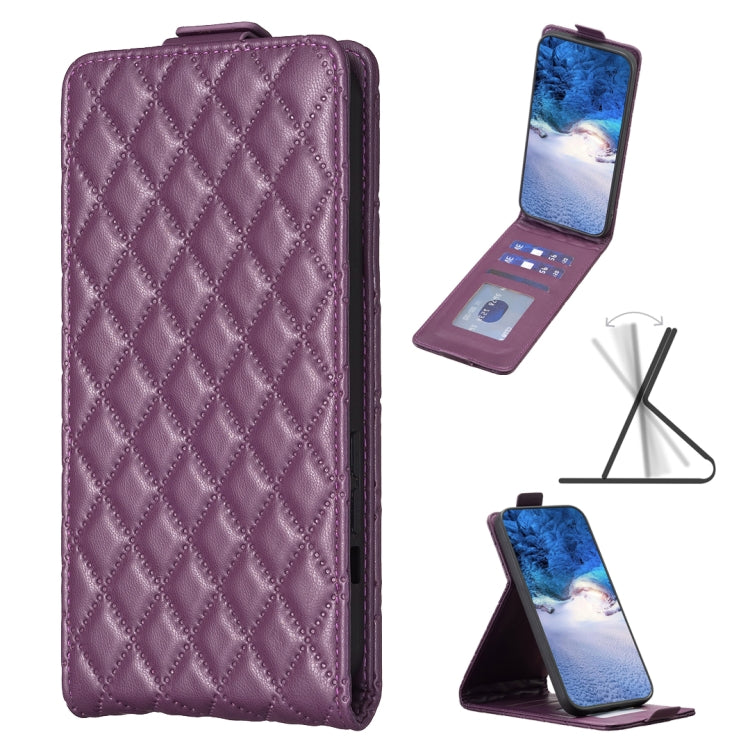 Dark purple quilted diamond-lattice vertical flip leather phone case with stand