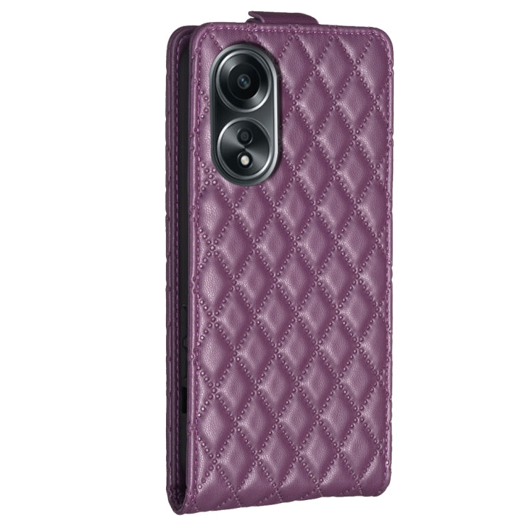 Dark purple quilted diamond-lattice vertical flip leather phone case with camera cutout