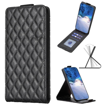 Black quilted diamond-lattice vertical flip leather phone case with stand