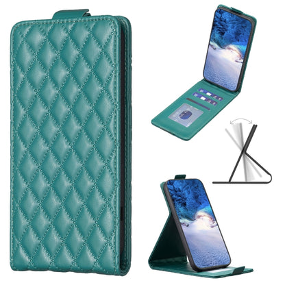 Green quilted diamond-lattice vertical flip leather phone case with stand