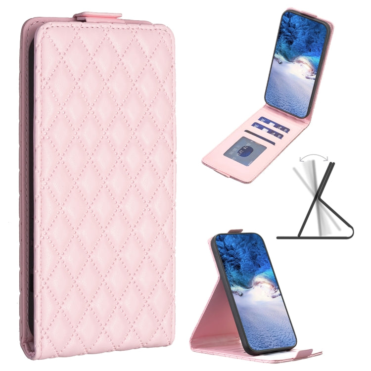 Pink quilted diamond-lattice vertical flip leather phone case with stand