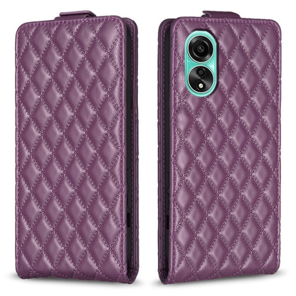 Dark purple diamond-lattice flip leather phone case with camera cutout and magnetic flap.