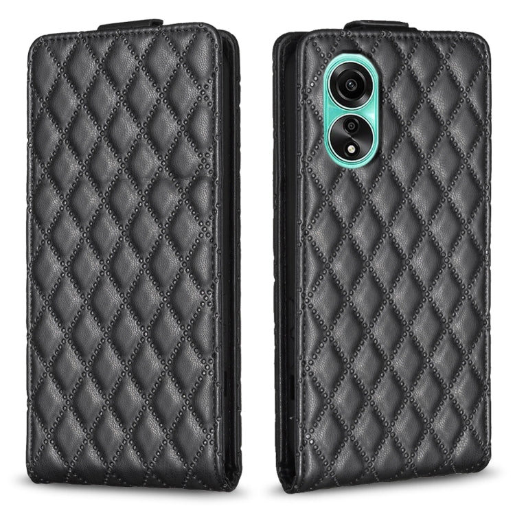 Black diamond-lattice flip leather phone case with dual camera cutout and magnetic flap.