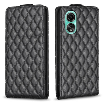 Black diamond-lattice flip leather phone case with dual camera cutout and magnetic flap.