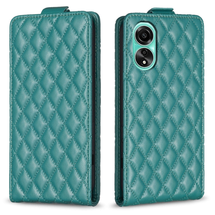 Teal green diamond-lattice flip leather phone case with dual camera cutout and magnetic flap.