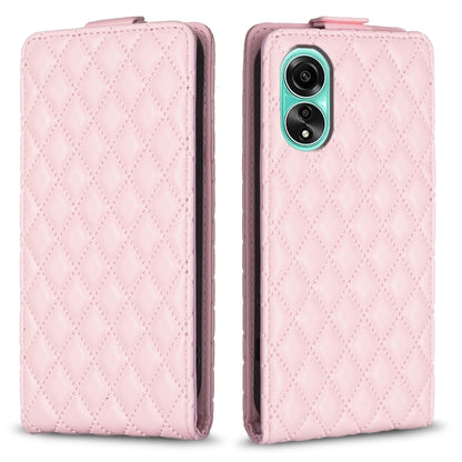 Light pink diamond-lattice flip leather phone case with dual camera cutout and magnetic flap.