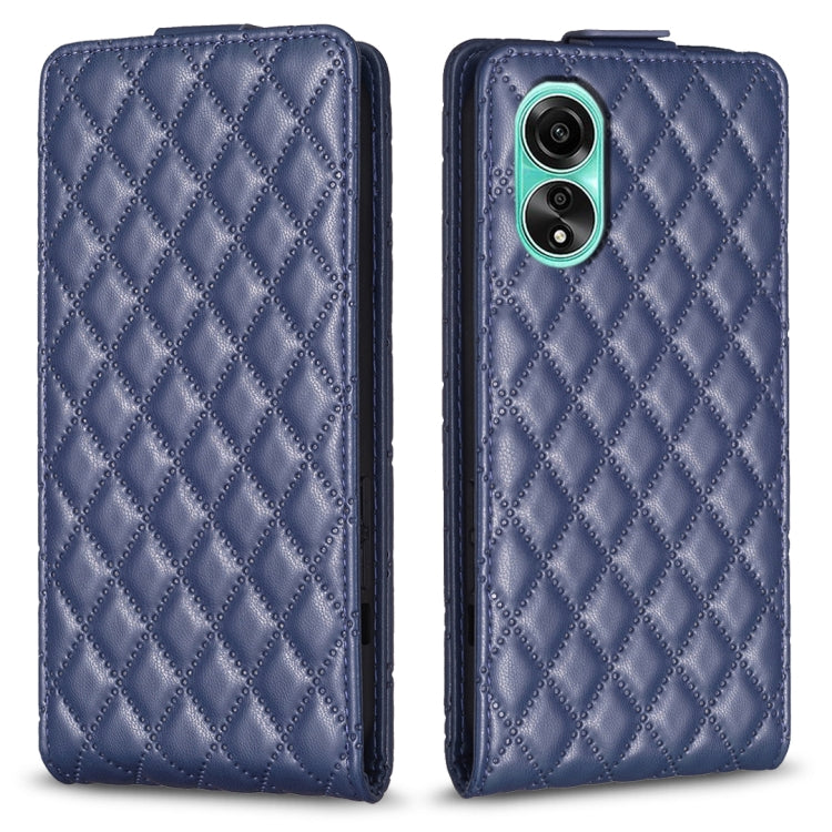 Deep blue diamond-lattice flip leather phone case with dual camera cutout and magnetic flap.