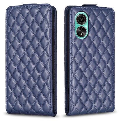 Deep blue diamond-lattice flip leather phone case with dual camera cutout and magnetic flap.