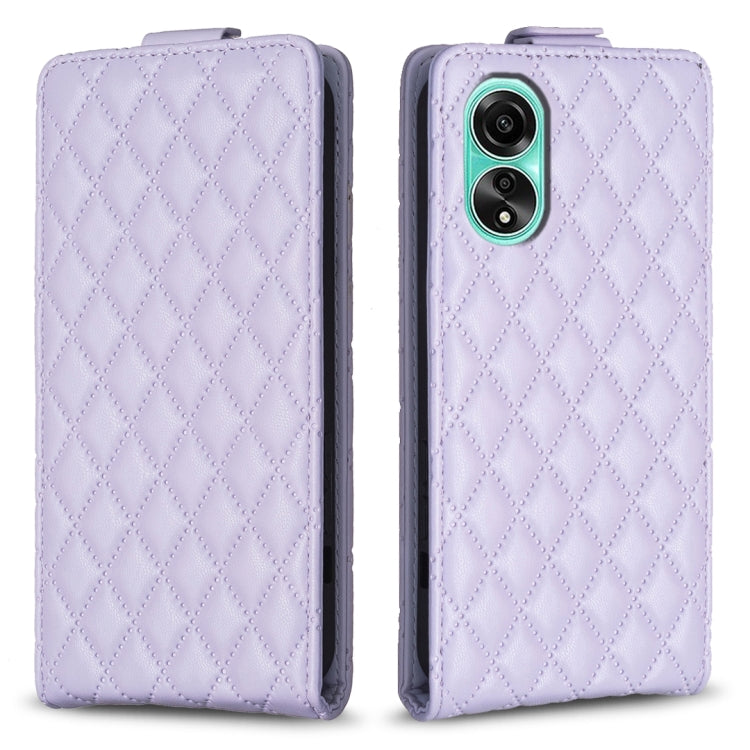 Light lavender diamond-lattice flip leather phone case with dual camera cutout and magnetic flap.