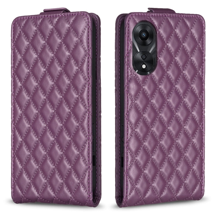 Purple diamond-lattice flip leather phone case with camera cutout and magnetic flap.