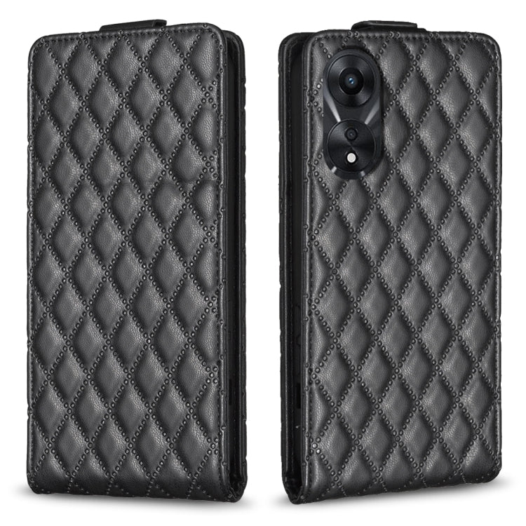 Dark gray black diamond-lattice flip leather phone case with dual camera cutout and magnetic flap.