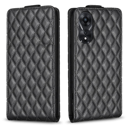 Dark gray black diamond-lattice flip leather phone case with dual camera cutout and magnetic flap.