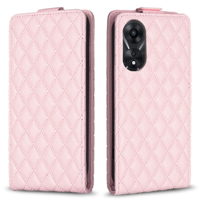 Soft pink diamond-lattice flip leather phone case with dual camera cutout and magnetic flap.