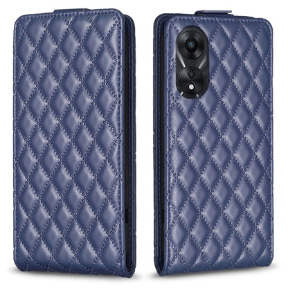 Diamond lattice leather flip phone case in dark blue, with camera cutout.