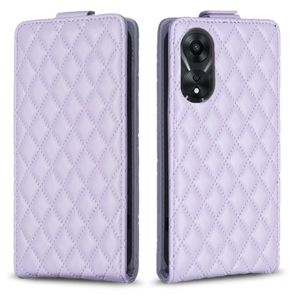 Diamond lattice leather flip phone case in light lavender, with camera cutout.