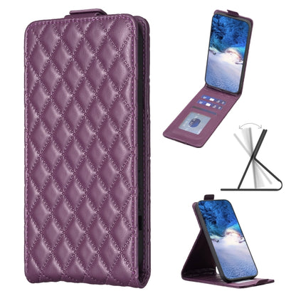Diamond lattice leather flip phone case in purple, with card slot and stand view.
